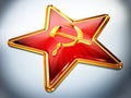 Communist symbols hammer and sickle on red star. 3D illustration