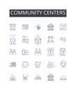 Community centers line icons collection. Learning institutions, Cultural hubs, Social spaces, Recreational centers