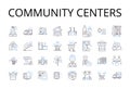 Community centers line icons collection. Learning institutions, Cultural hubs, Social spaces, Recreational centers