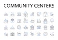 Community centers line icons collection. Learning institutions, Cultural hubs, Social spaces, Recreational centers