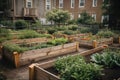 community garden with beds of fresh herbs, fruits, and vegetables