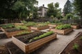 community garden with rows of freshly planted vegetable and herbs beds