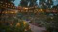 A community garden with solarpowered string lights creating a beautiful and sustainable ambiance for evening gatherings