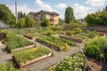 community garden with vegetable and herb plots, plus fruit trees and berry bushes Royalty Free Stock Photo