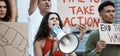 Community, justice and woman with a megaphone for protest announcement, change or power. Speaker, transformation and