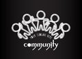 Community logo. Social network media people logo. White many outlined silhouettes of people on dark background