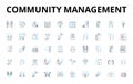 Community management linear icons set. Engage, Empower, Connect, Build, Advocate, Facilitate, Nurture vector symbols and