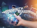 Community manager title surounded by device like smartphone, tab