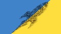 Community of people forming the sign of a rocket on Ukrainian flag. 3d illustration metaphor for war