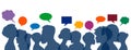 Community people heads silhouette with colorful thinking and speech boxes panorama banner team vector. Human chatting