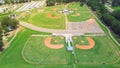 Community sport complex with multiple baseball, softball fields, batting cages, stadium seating, concession stand, playground near