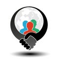Community symbol with handshake symbol. Simple silhouettes of men with handshake gesture and globe from puzzle.