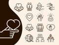 Community together charity donation and love, line icons set