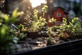 Community vegetable garden, Balcony urban gardening bio cultivation. Farmer holding fresh young plant. Planting vegetables and Royalty Free Stock Photo