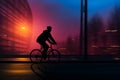 A commuter bike riders silhouette blends into the twilight backdrop