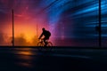 A commuter bike riders silhouette blends into the twilight backdrop