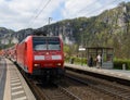 Bad Schandau, Germany 04 20 2016: Commuter train arriving
