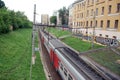 Commuter train at city railway line