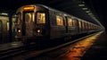 Commuter train at metro railway station at night. Neural network ai generated Royalty Free Stock Photo