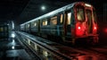 Commuter train at metro railway station at night. Neural network ai generated Royalty Free Stock Photo