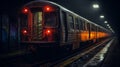 Commuter train at metro railway station at night. Neural network ai generated Royalty Free Stock Photo