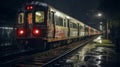 Commuter train at metro railway station at night. Neural network ai generated Royalty Free Stock Photo