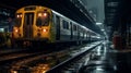 Commuter train at metro railway station at night. Neural network ai generated Royalty Free Stock Photo