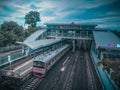 The commuter train stopped in small station