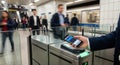 Commuter Using Mobile Ticket And Contactless Payment At Subway Turnstile During Rush Hour Royalty Free Stock Photo