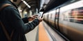 A commuter using a smartphone to navigate public transportation, displayed against an urban, well-informed background