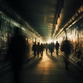 Commuters in a hurry, bustling through a bustling railway tunnel