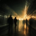 Commuters in a hurry, bustling through a bustling railway tunnel