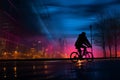 Commuters silhouette pedals a bike through the urban twilight scene