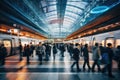 Commuters and trains in the railway station. Blurred motion. A busy train station platform right at rush hour in Tokyo, AI Royalty Free Stock Photo