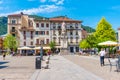 COMO, ITALY, JULY 17, 2019: People are strolling on Piazza Alessandro Volta in Italian town Como