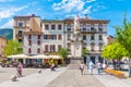 COMO, ITALY, JULY 17, 2019: People are strolling on Piazza Alessandro Volta in Italian town Como