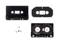 Compact audio cassette detail part disassembled state isolated. Inside view compact audio cassette black plactic body