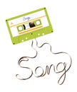 Compact audio cassette green color and song text made from analog magnetic audio tape illustration