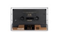 Compact audio cassette Maxell isolated. Back view compact audio cassette Maxell XLII 100 in transparent case box. Position IEC typ