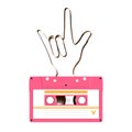 Compact audio cassette pink color and I love you hand sign language shape made from analog magnetic audio tape illustration on Royalty Free Stock Photo