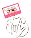 Compact audio cassette pink color and I love you hand sign language shape made from analog magnetic audio tape illustration Royalty Free Stock Photo