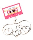 Compact audio cassette pink color and Love heart sign shape made from analog magnetic audio tape illustration