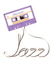 Compact audio cassette violet color and jazz text made from anal