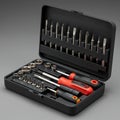 A compact black tool case containing a set of interchangeable screwdriver bits