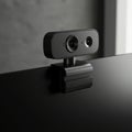 Compact black webcam mounted on a flat screen. Features dual lenses housed in a Royalty Free Stock Photo