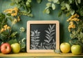 A compact blackboard featuring leaves, set alongside small plant pots. Royalty Free Stock Photo