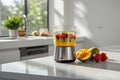 A compact blender with a fruit smoothie inside, accompanied by fresh mango, strawberries, and kiwi on a bright kitchen counter Royalty Free Stock Photo