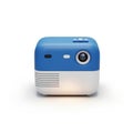 Compact blue and white mini projector on a white background Royalty Free Stock Photo
