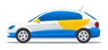 Compact car with blue and yellow design, side view on white background. Modern city vehicle, personal transportation Royalty Free Stock Photo