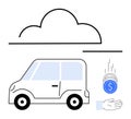 Compact Car with Cloud and Falling Coins Representing Cloud Computing Cost Savings Royalty Free Stock Photo